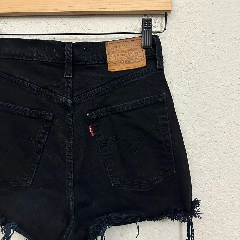 LEVI'S Ribcage Shorts Black Denim High Rise Cut Off Frayed Gothic